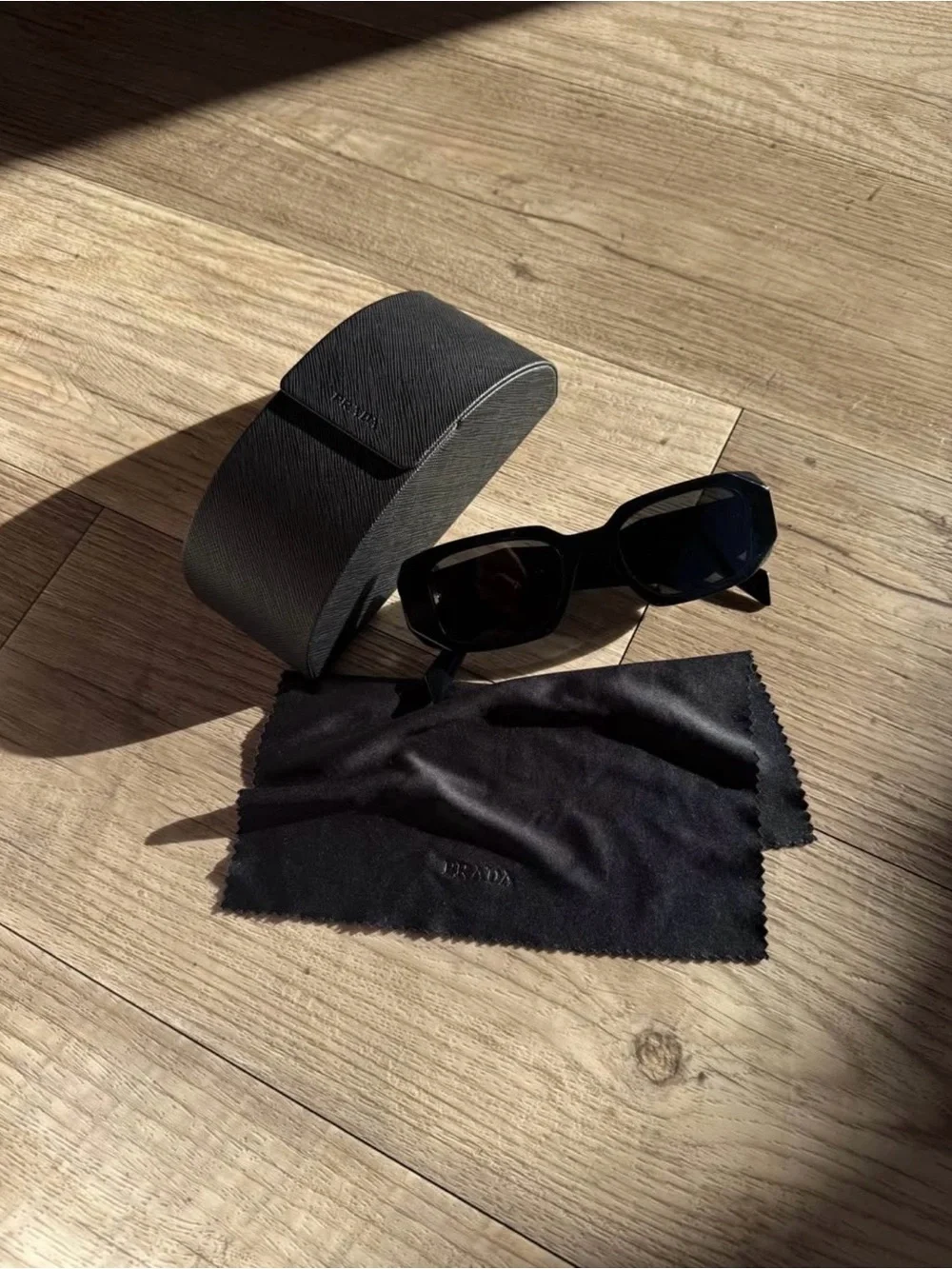 PRADA Black Rectangular Sunglasses with Case